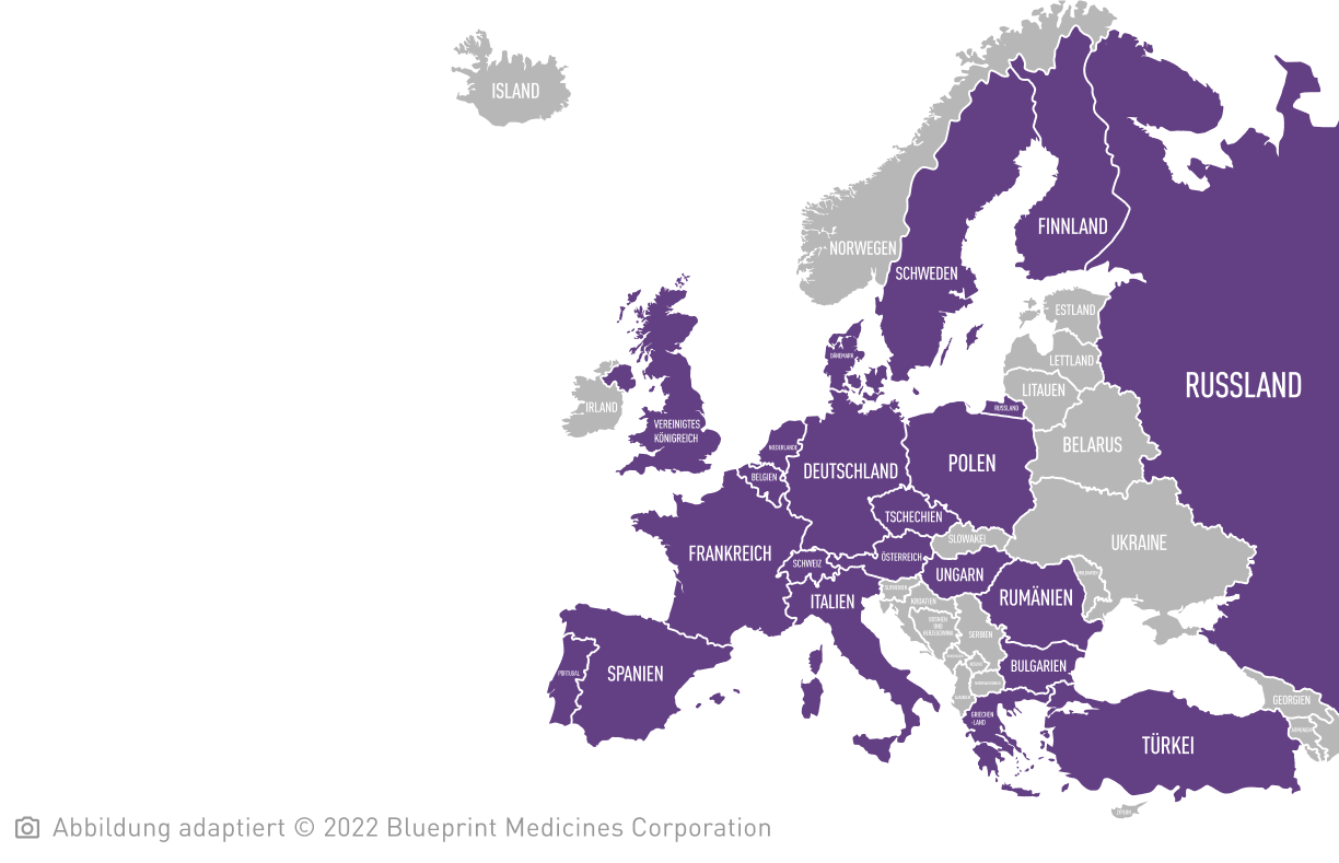Europakarte mit einzelnen lila eingefärbten Ländern: Europaweit gibt es ECNM-Exzellenzzentren, die sich auf fortgeschrittene systemische Mastozytose konzentrieren (The European Competence Network on Mastocytosis).